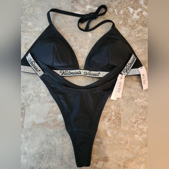 XL/XL VS Swim Shine Strap Triangle Bikini Top Shine Strap Thong Bikini Set BLACK - Picture 1 of 7